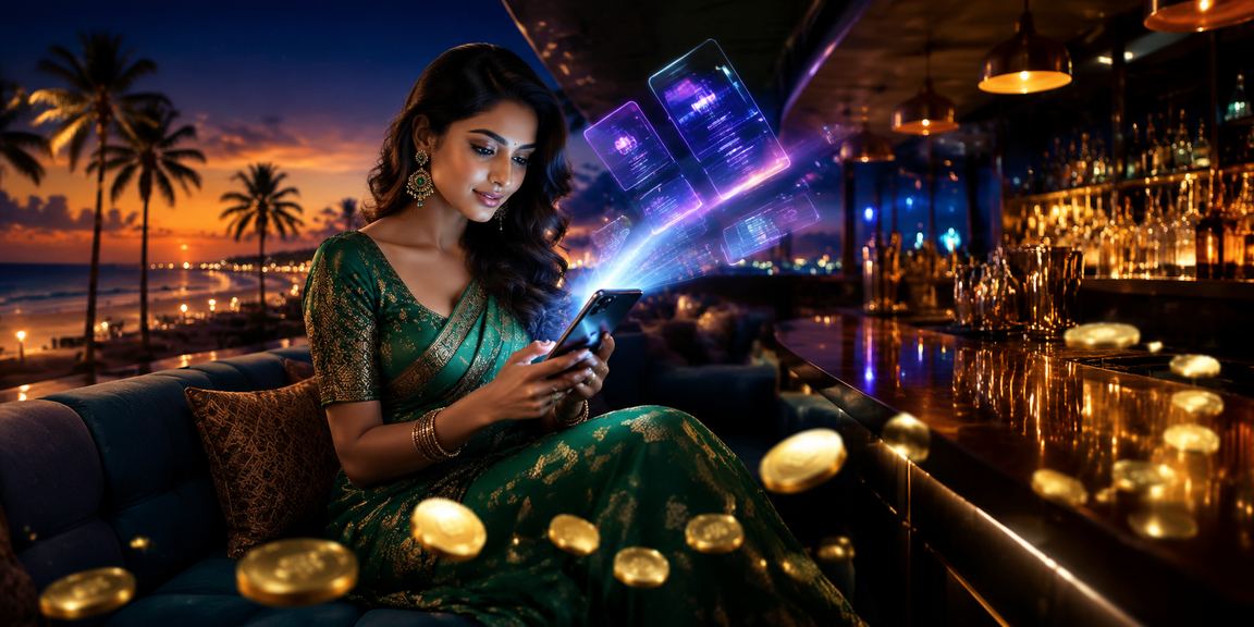 Mobile cricket betting interface in scenic Goa setting